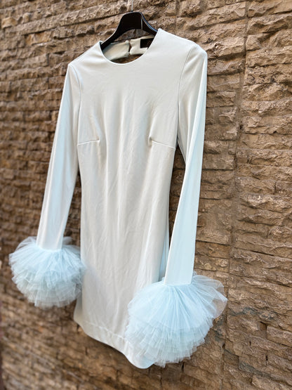 ZARA. Light blue fitted dress with tulle sleeves. XS