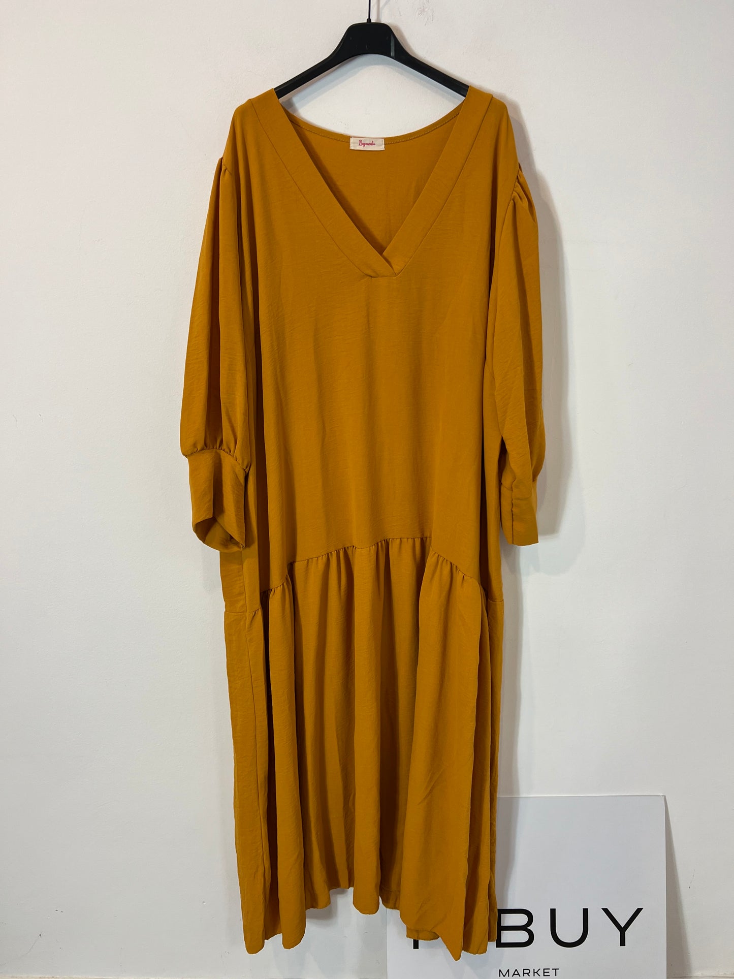 BUGANVILIA. Mustard dress with slightly puffed sleeves, size 3XL