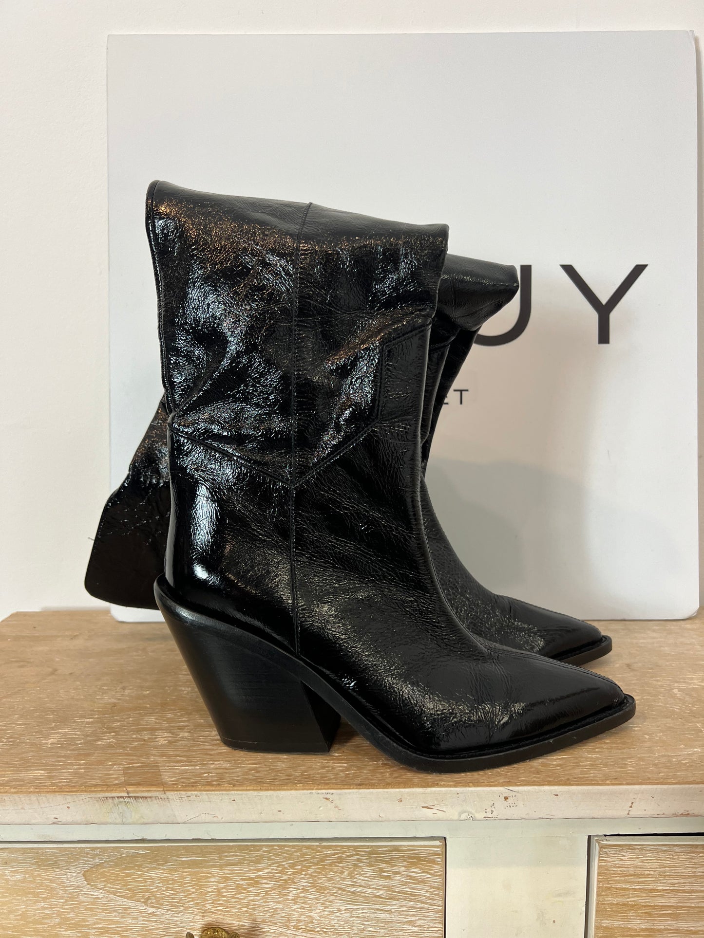 IRO. Black vinyl leather high boots, size 39