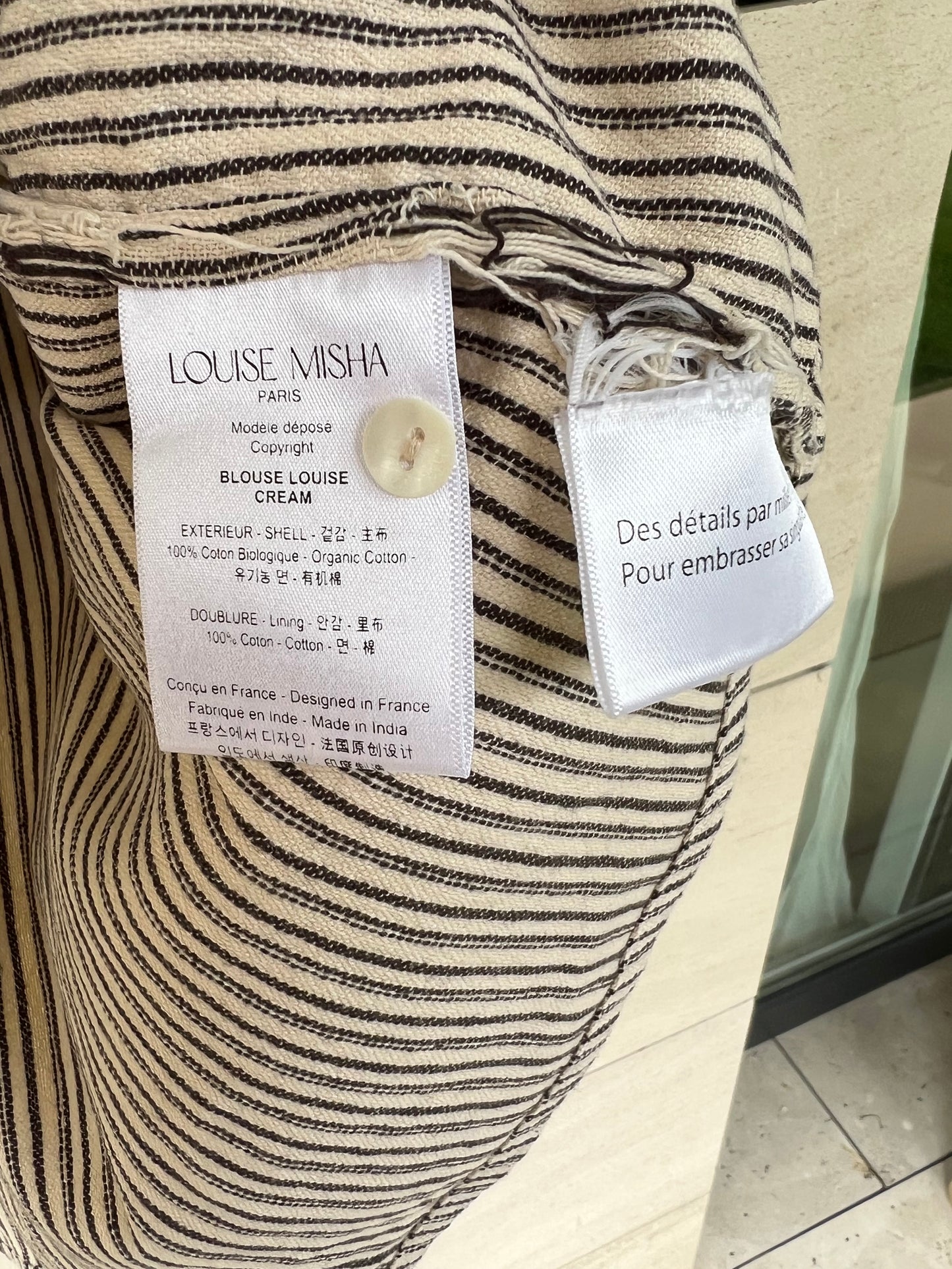 LOUISE MISHA. Embroidered striped blouse, size 34