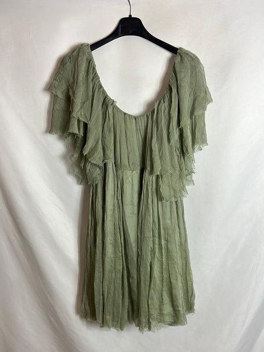 TOPSHOP. Vestido corto seda verde detalle espalda. T 36