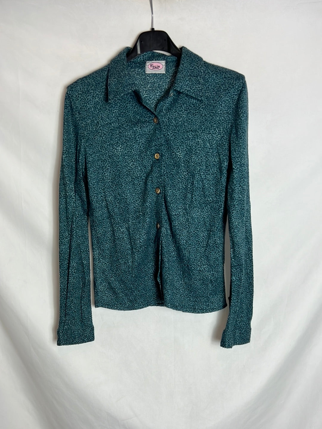 FUCIN. Blusa azul estampada textura. T S