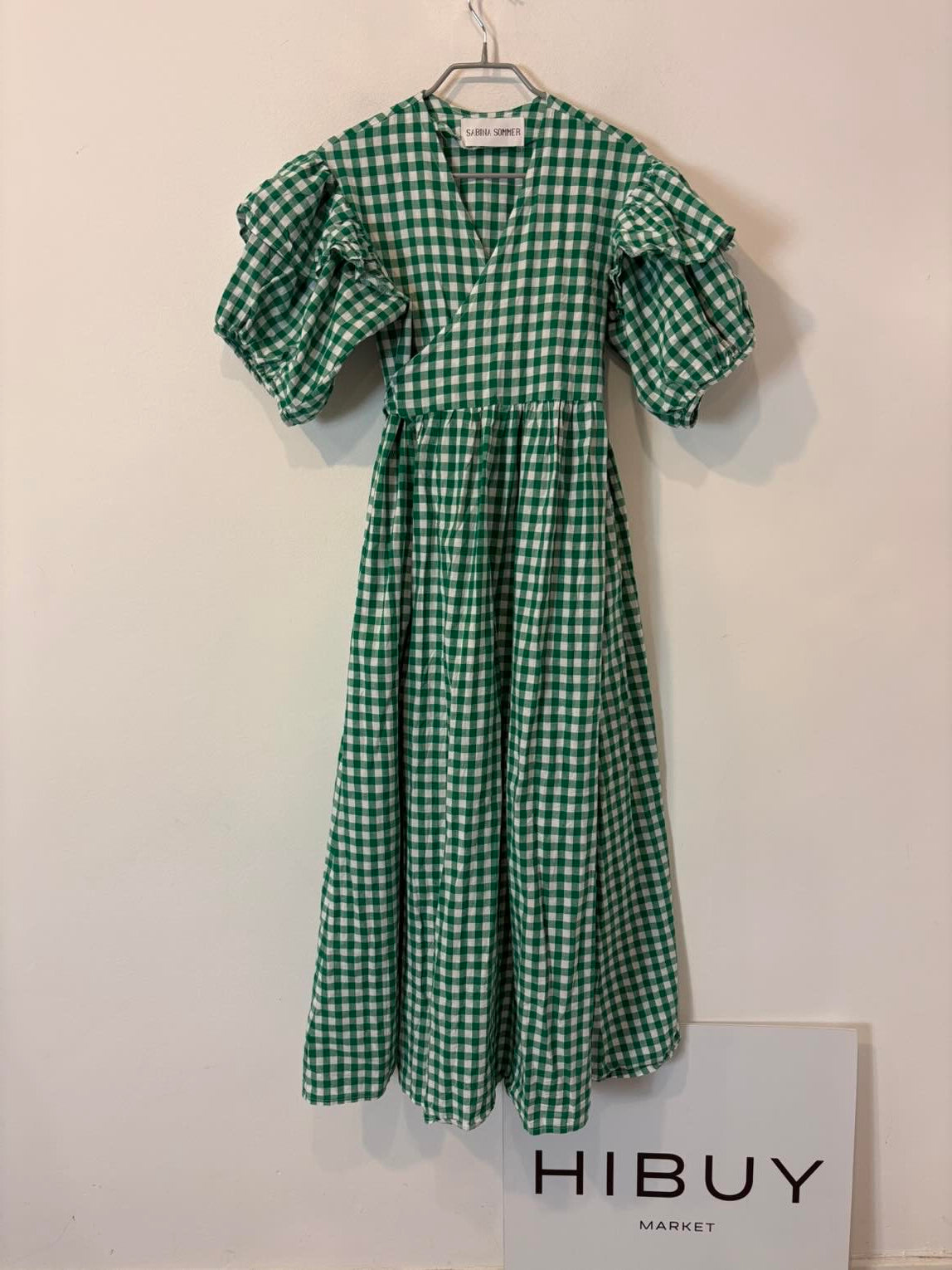 SABINA SOMMER. Vestido largo cruzado vichy verde