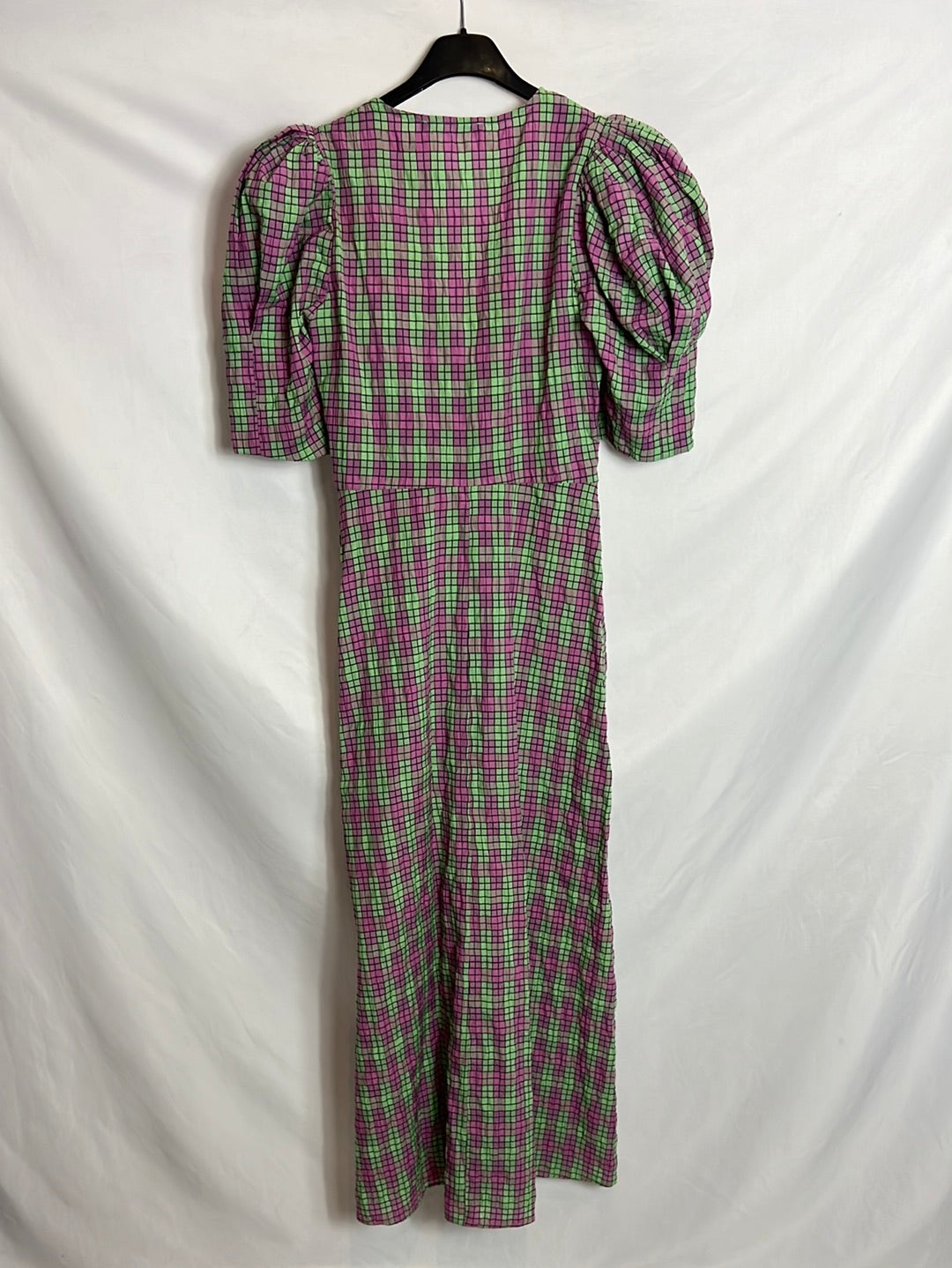 ZARA. Vestido midi cuadros manga abullonada T. XS