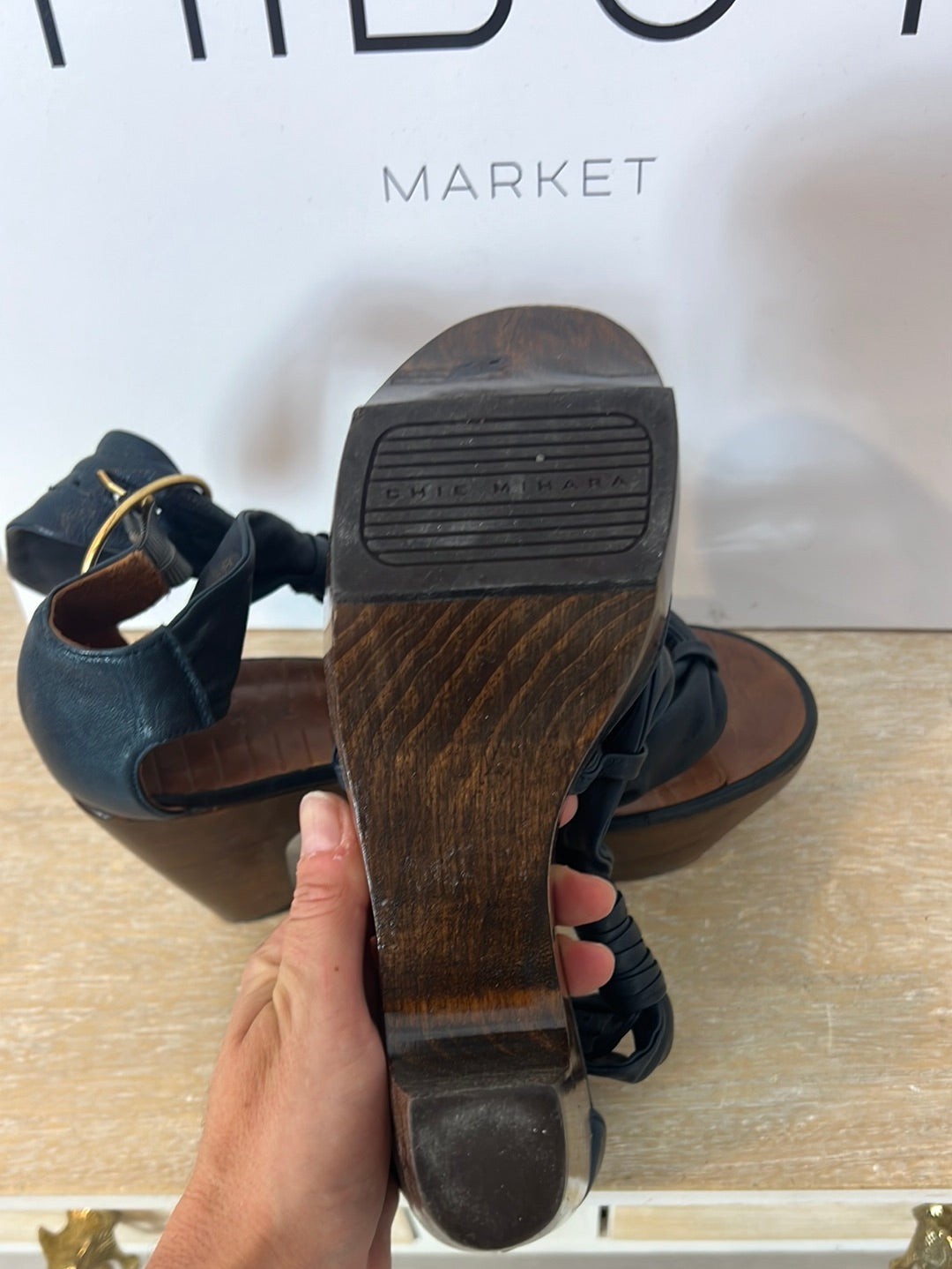 CHIE MIHARA. Blue wooden sandal, size 37