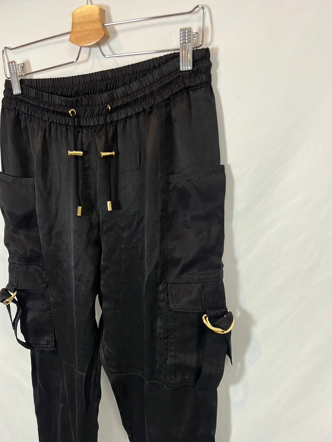 BALMAIN. Black satin trousers with pockets. Size 36