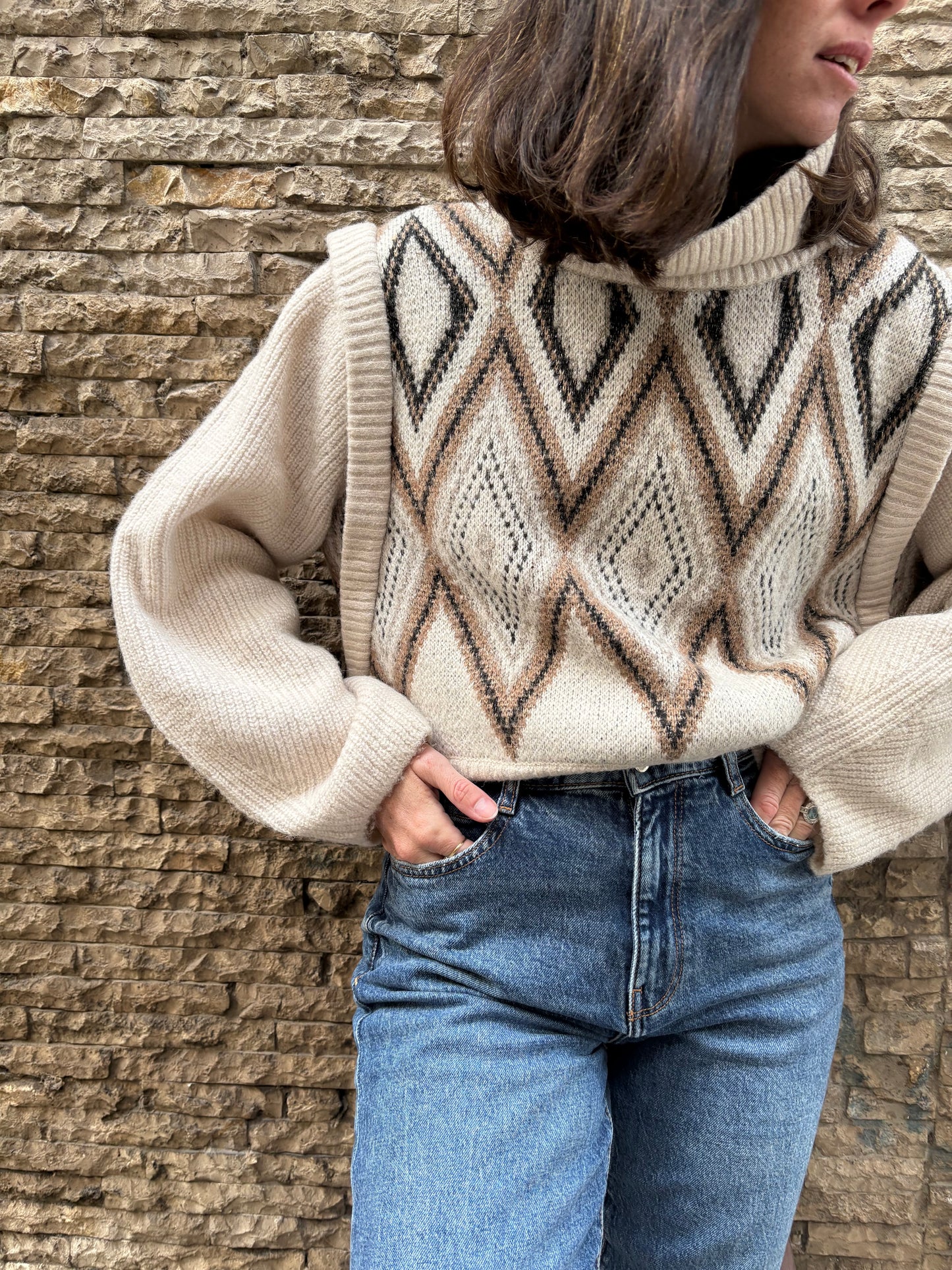 HOUSE OF HARLOW 1960. Jersey beige rombos T. M