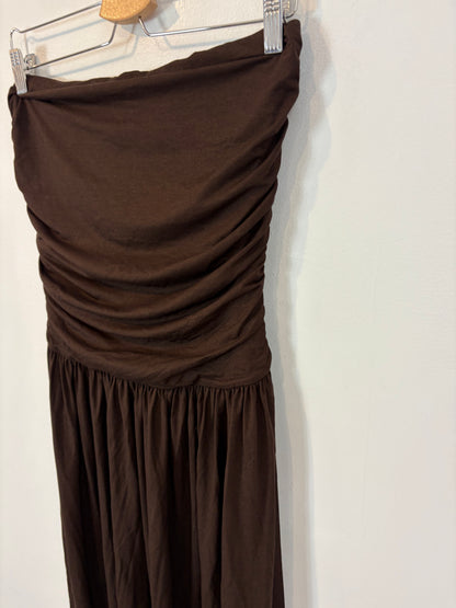 MANGO. Vestido midi marrón punto elástico