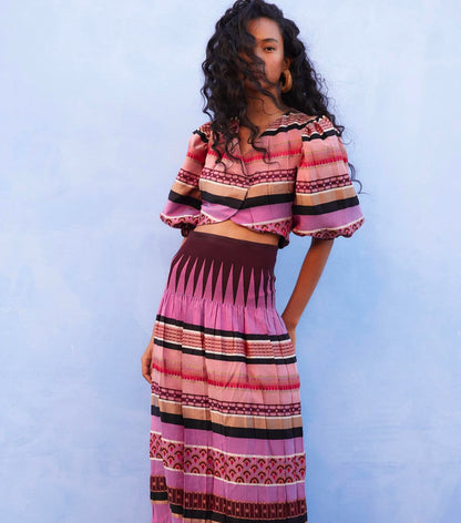 VANDERWILDE. Conjunto top y falda estampado. T 36