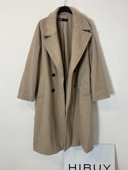 ZARA. Abrigo paño beige largo. T L