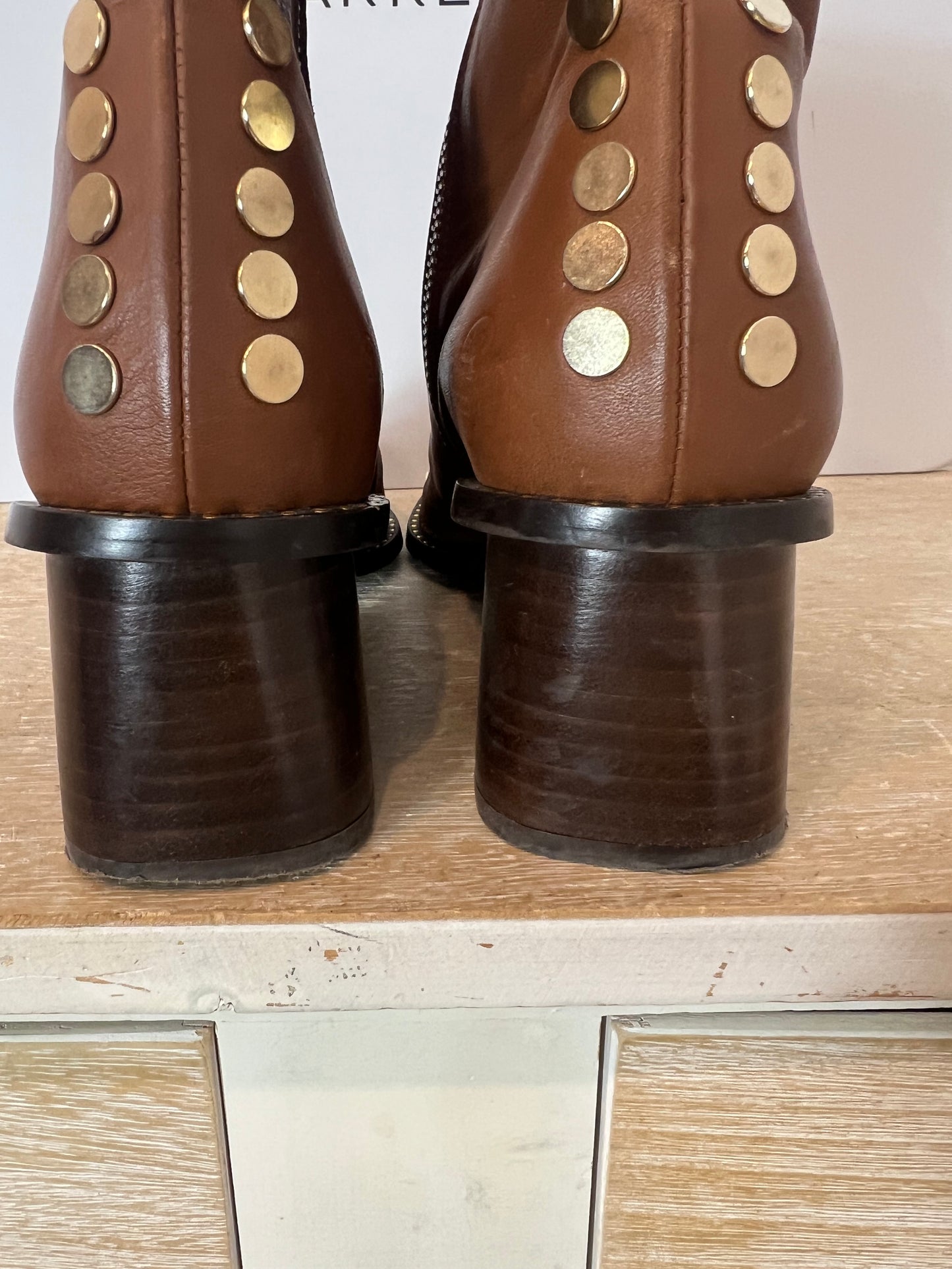 MICUIR. Camel ankle boots with gold studs, size 38