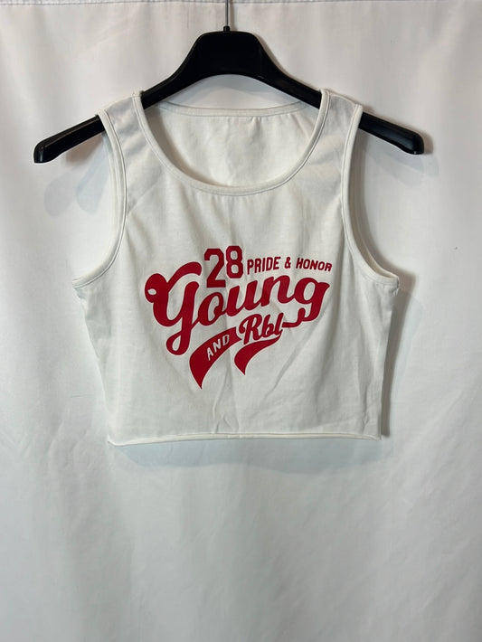 OTHERS. White crop top with red letters. S XS/S