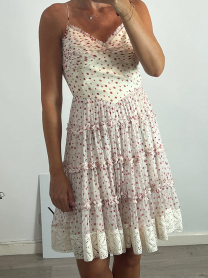 ALMA AGUILAR. Silk dress with ruffles and polka dots. Size 38