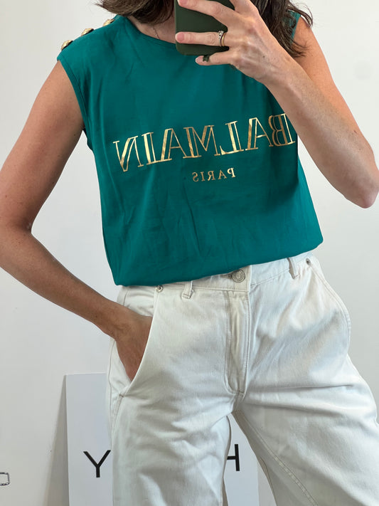 BALMAIN PARIS. Camiseta verde botones T.36