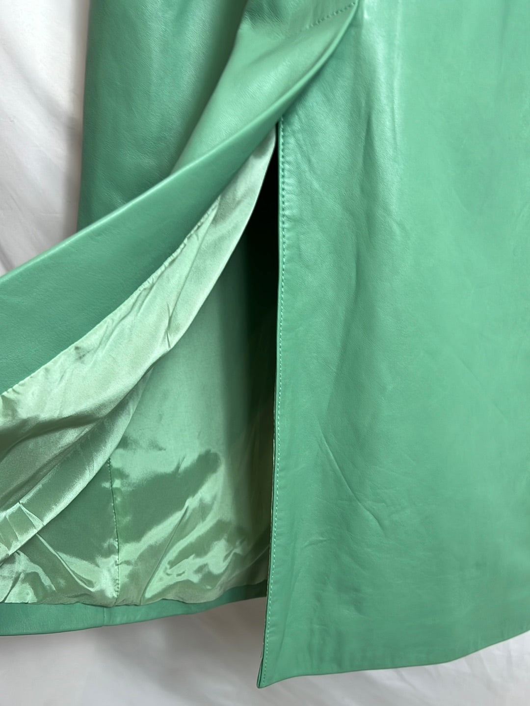 SPORTMAX (MAXMARA). Long, aqua-green leather jacket. Size 40