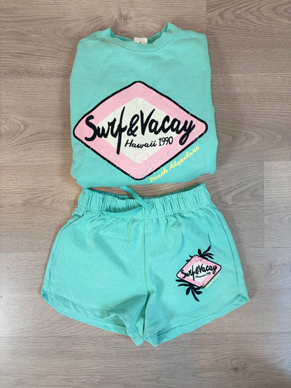 ZARA. Conjunto felpa  verde agua dibujos. T 13-14 años (xs)