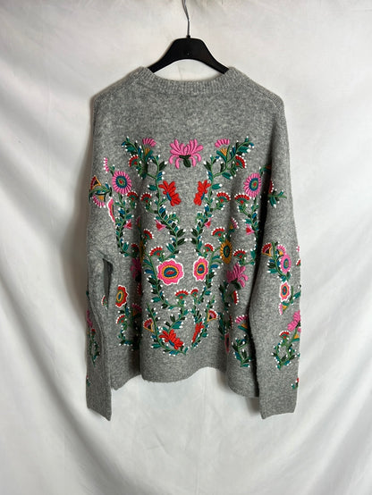 ZARA. Jersey gris bordados. T S