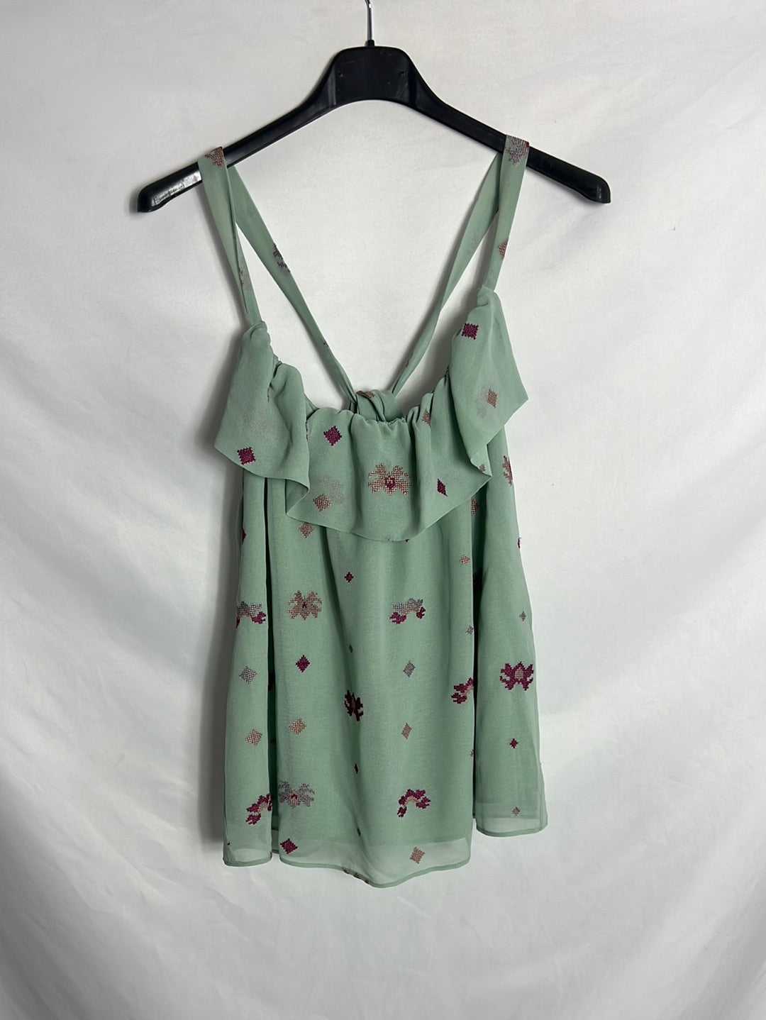 INTROPIA. Flowing aqua green embroidered top. TS