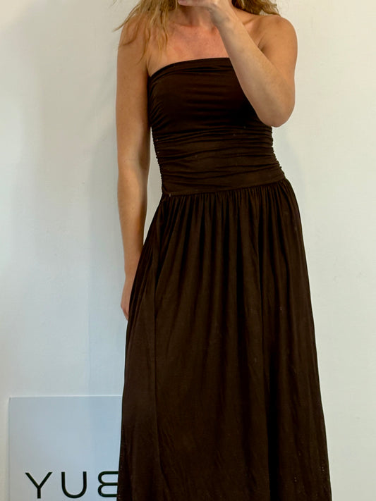 MANGO. Vestido midi marrón punto elástico