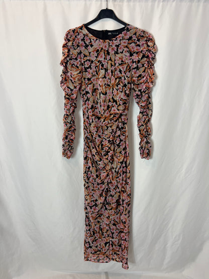 ZARA. Vestido largo estampado fruncidos. T S