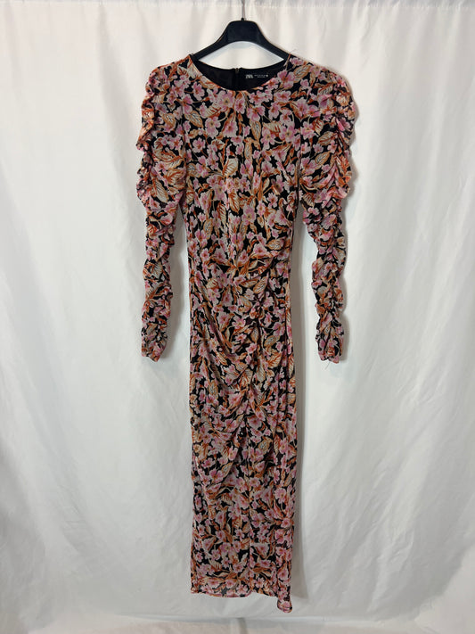 ZARA. Vestido largo estampado fruncidos. T S