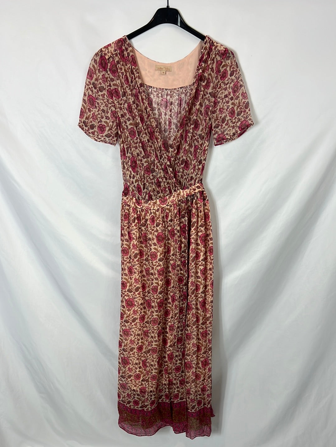 LOUISE MISHA. Vestido beige cruzado flores T.36