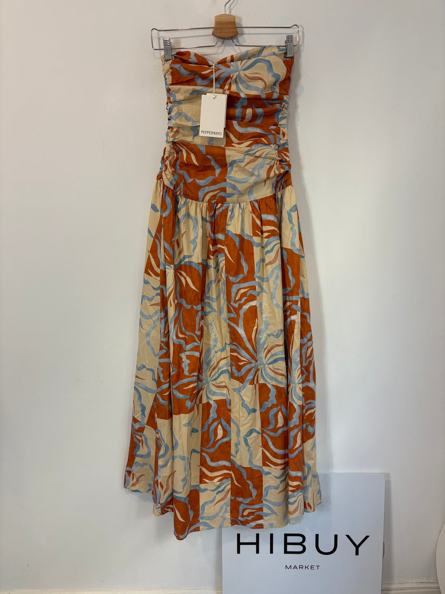 PEPPERMAYO. Vestido largo palabra de honor estampado