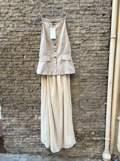 ZARA. Vestido largo beige texturas