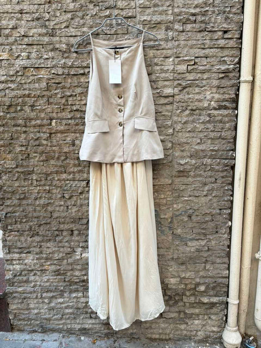 ZARA. Vestido largo beige texturas