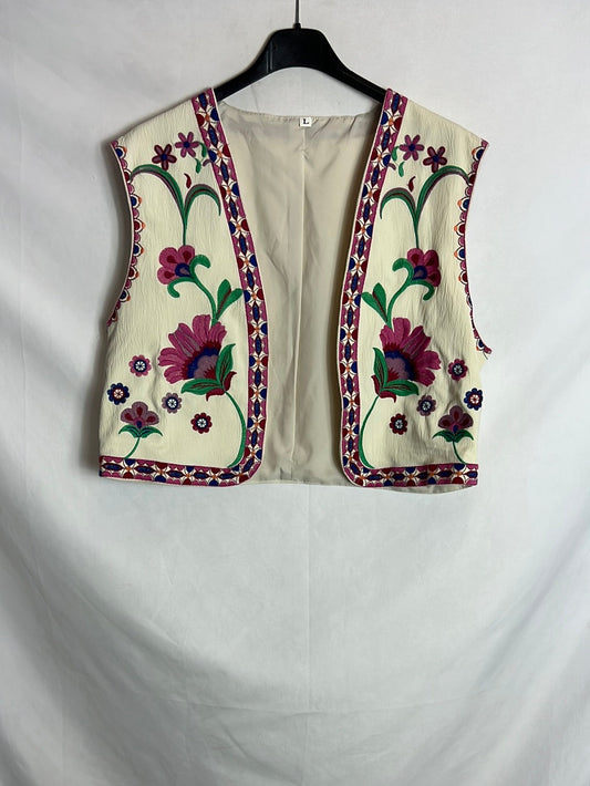 OTRAS. Chaleco beige bordados. T L