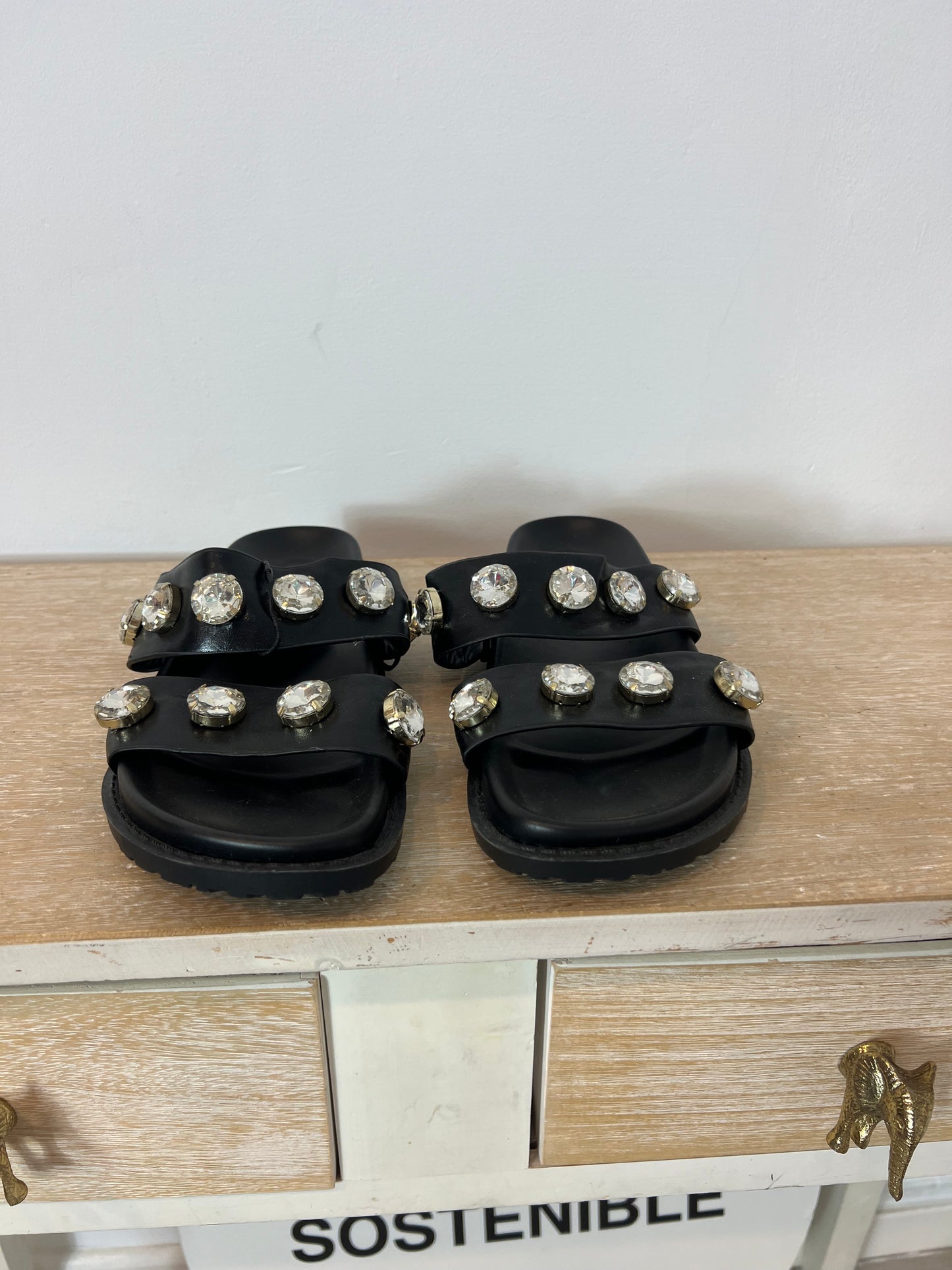 ZARA. Flat sandals with rhinestone straps. Size 38