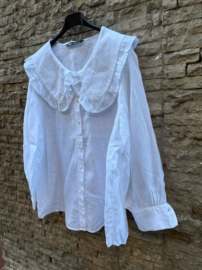 ZARA. Blusa blanca lino cuello amplio