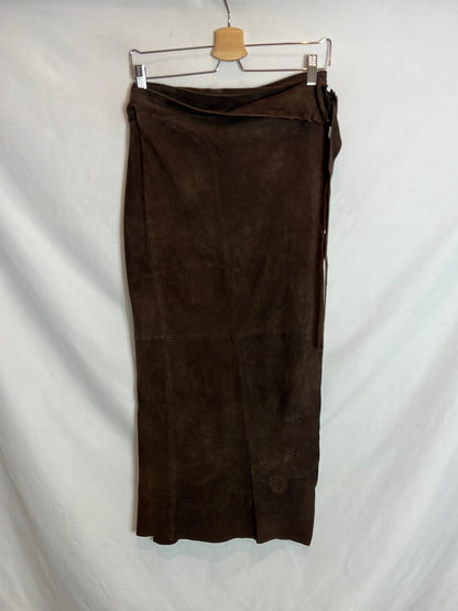 KENZO. Brown leather pareo-effect skirt. Size 42 (Tara)