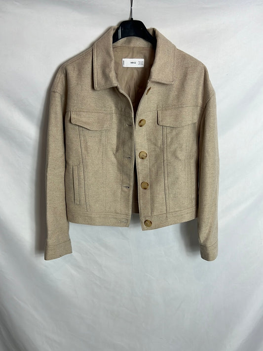 MANGO. Chaqueta beige jaspeada lana. T XXS (S)