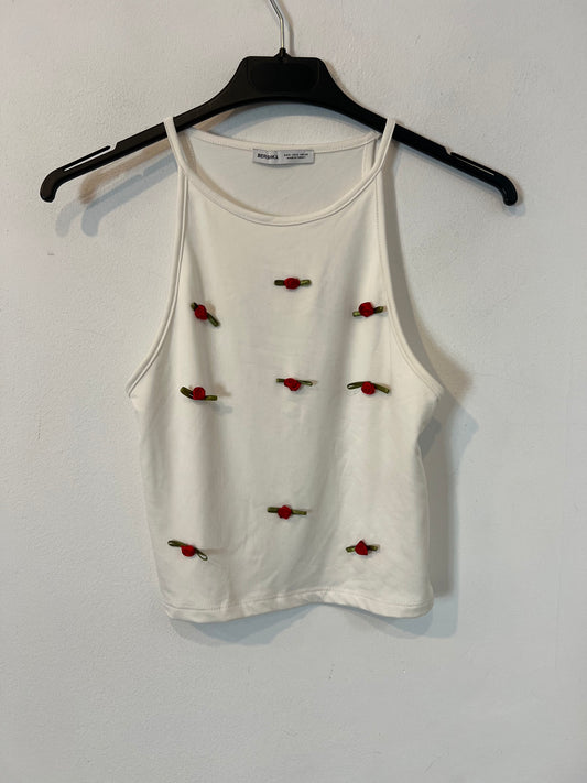 BERSHKA.top blanco flores T.s