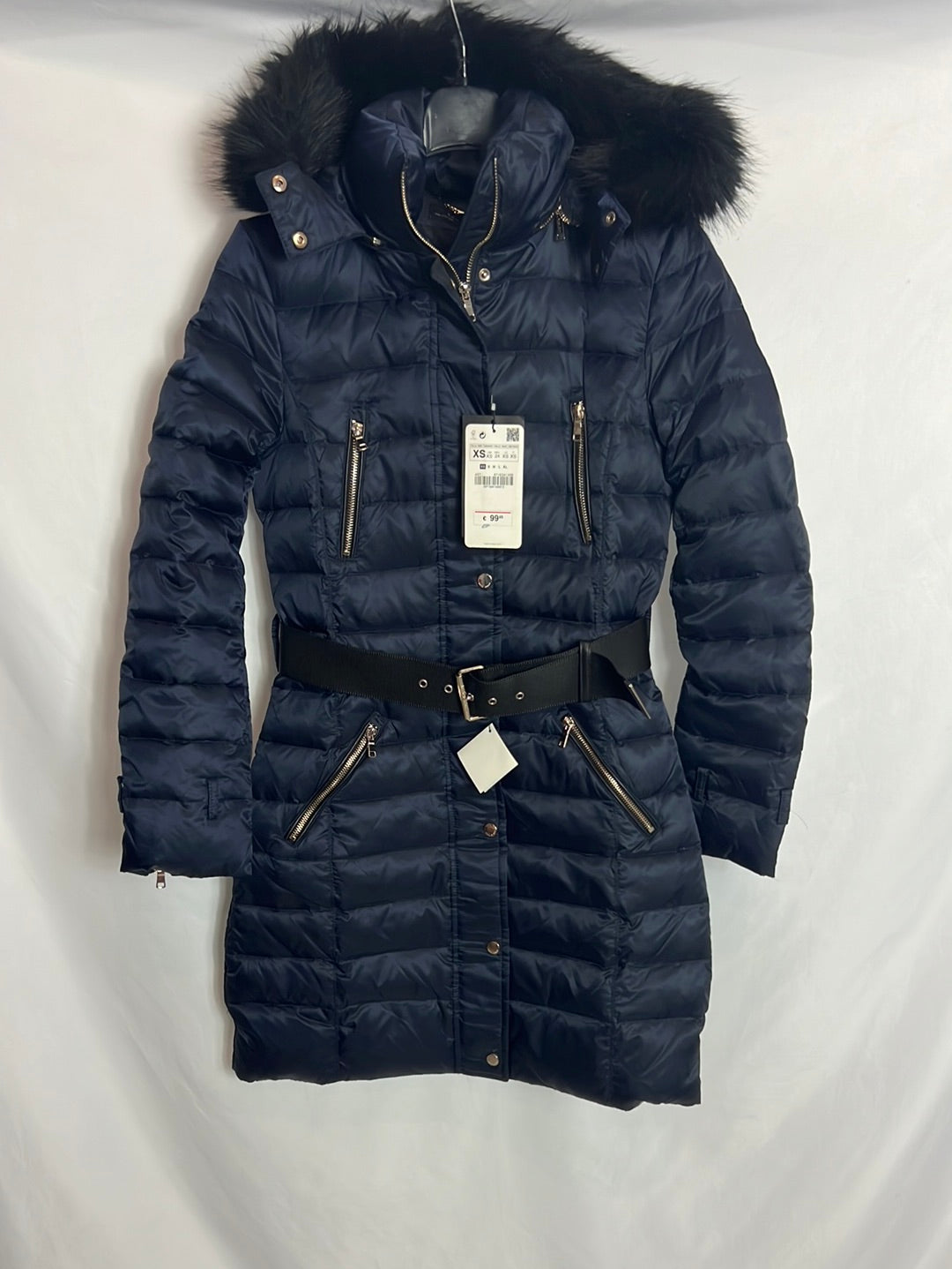 ZARA. Plumas azul capucha pelo. T XS