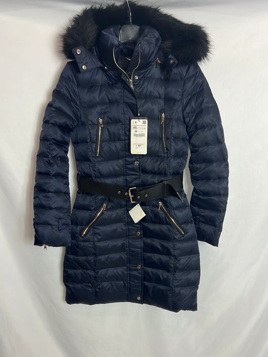 ZARA. Plumas azul capucha pelo. T XS