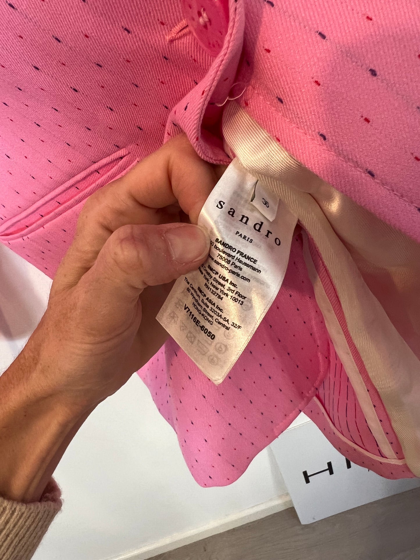 SANDRO. Traje de chaqueta rosa rayas T.36/38