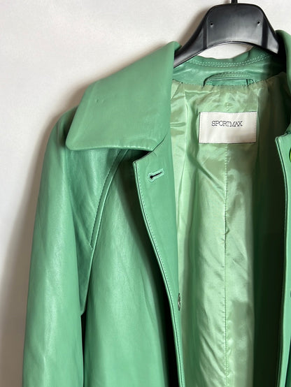 SPORTMAX (MAXMARA). Long, aqua-green leather jacket. Size 40