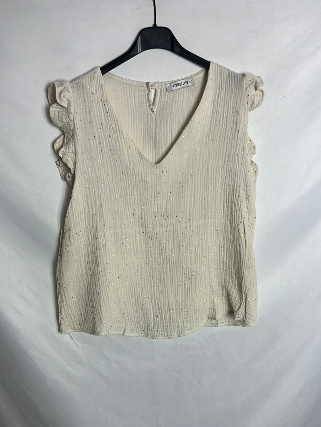 VINTAGE LOVE. Beige cotton top with gold polka dots. Size 1(S)
