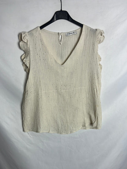 VINTAGE LOVE. Beige cotton top with gold polka dots. Size 1(S)