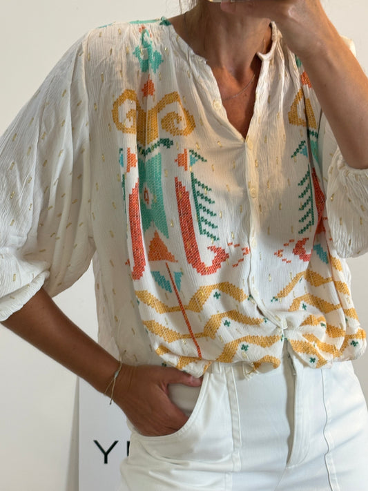 ZARA. White blouse with colorful print Tm