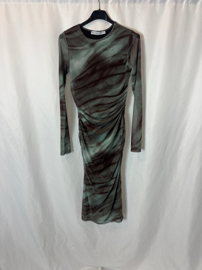 BERSHKA. Vestido fruncido verde T.xs