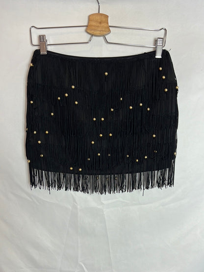 GODDESS. Short black elastic fringe skirt. TM