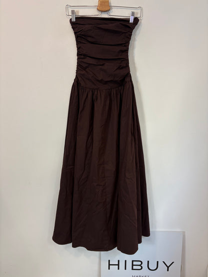 PEPPERMAYO. Vestido largo palabra de honor chocolate