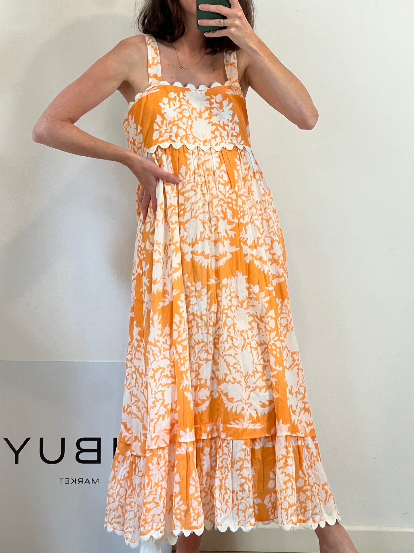 JULIET DUNN. Printed mandarin orange maxi dress. Size 1 (S/M)