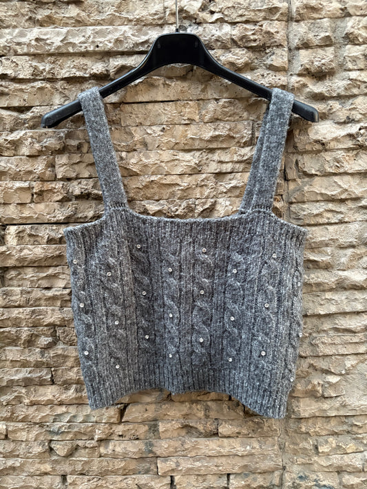 MANGO. Top punto gris pedrería