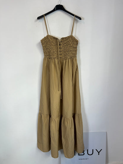 ZARA. Vestido largo beige nido abeja T.s