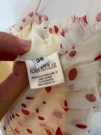 ALMA AGUILAR. Silk dress with ruffles and polka dots. Size 38