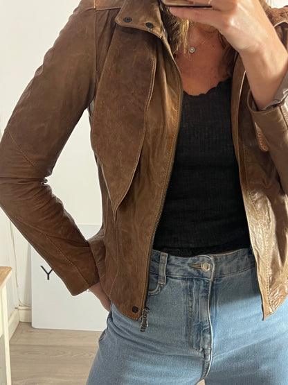 IMPERIAL. Chaqueta piel marrón detalle lazada. T L (M)